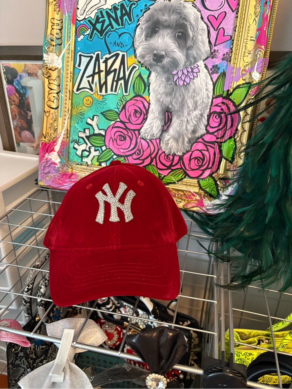 NY Logo Red Velvet Baseball Cap - Rhinestone Accent